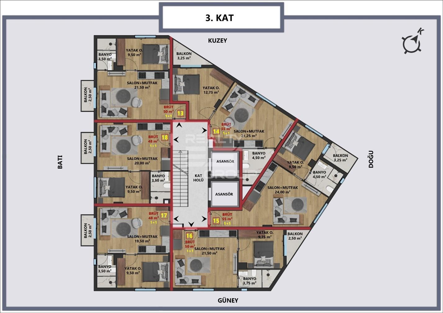 Квартира, Анталия, в районе Анталия / Центр, 1+1, 2+1, 48-105 м², от застройщика - фото 7